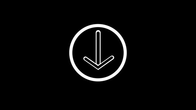 White outline of a downward arrow inside a white circle on a black background direction movement