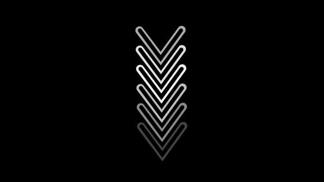 Stack of downward pointing chevron arrows in gradient grey on black background direction