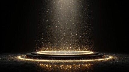 Radiant golden halo encircling central stage with sparkles, luxury corporate background - widescreen