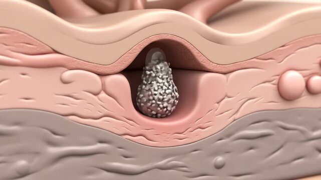 A microscopic view of skin layers showing a hair follicle becoming blocked, leading to acne and inflammation.