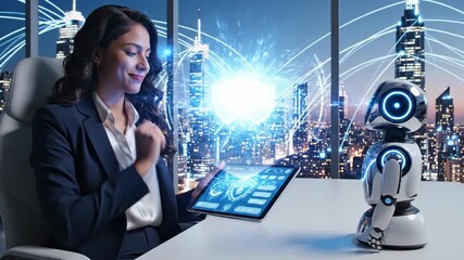 Businesswoman interacting with robot and digital tablet in modern office with cityscape view at night with futuristic interface - Powered by Adobe