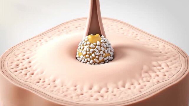 Detailed animation showing biomaterial particles filling a bone defect for regeneration and repair process.