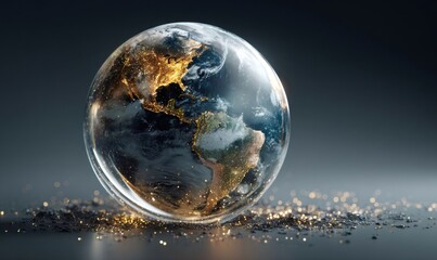Clear glass sphere encapsulating earth's continents with glowing city lights, resting on sparkling glitter, symbolizing fragility and protection