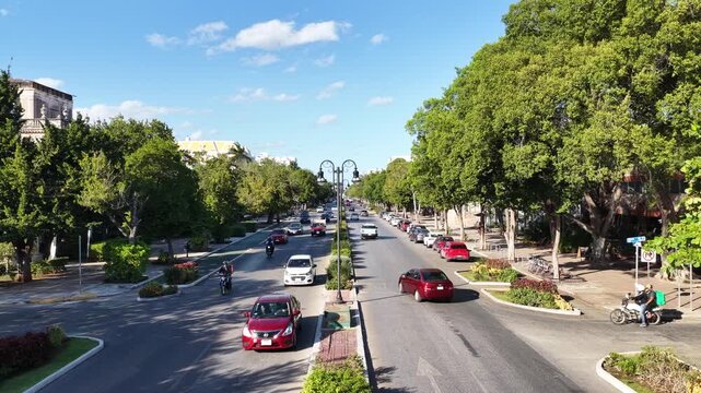 Vista a&eacute;rea del flujo vehicular en el Paseo Montejo en M&eacute;rida, Yucat&aacute;n.