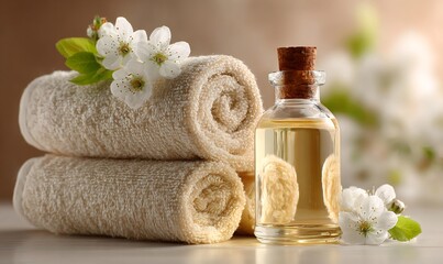 Essential oil bottle with rolled towels and white flowers delivering a sense of wellness and relaxation