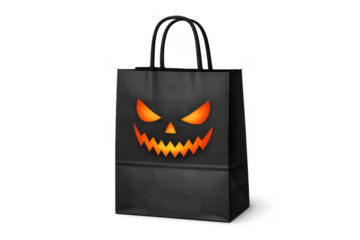 Black halloween shopping bag with glowing jack-o'-lantern face, representing spooky trick or treat season and autumn holiday sales