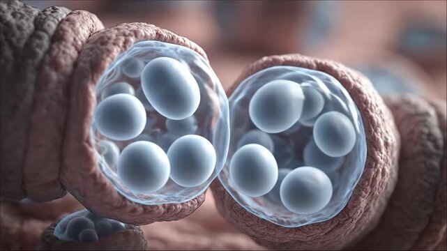 Close-up animation showing microscopic organisms or cells interacting and replicating in a biological system