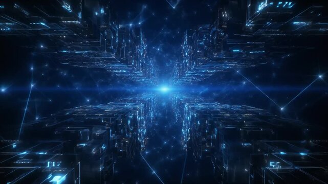 Futuristic blue digital network visualization in motion.