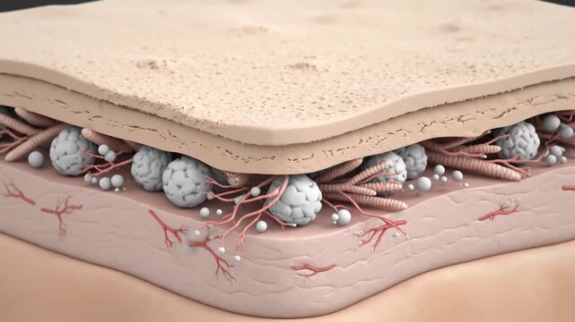 3D medical animation depicting cellulite formation in skin layers, showing fat cells, connective tissue, and blood vessels.