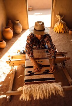 Native American Weaver Creating Traditional Rug.