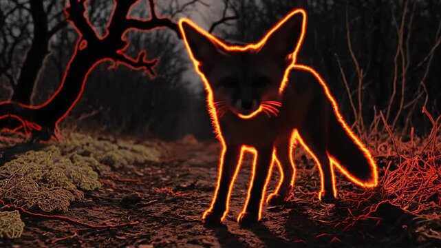 Glowing Fox Silhouette in Forest Darkness.
