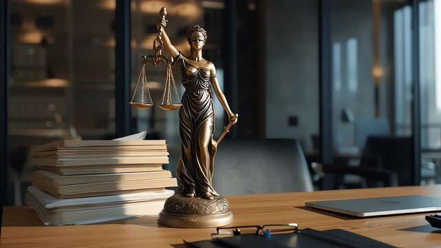 A bronze statue of Lady Justice stands on a wooden desk in a modern office setting.
