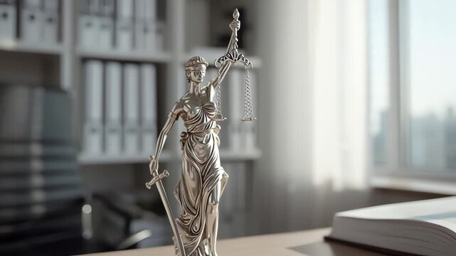 A close-up of the Statue of Justice, symbolizing law and order, placed on a desk in an office setting.