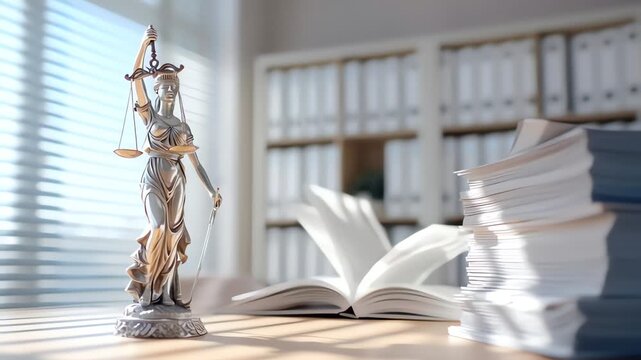 A statue of Lady Justice stands on a desk in an office with stacks of paper and an open book.