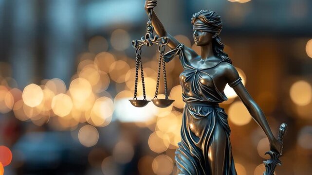 A close-up shot of the Statue of Justice, symbolizing law and order, with a blurred background of city lights.