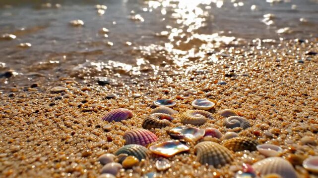 Colorful seashells on sandy beach with gentle waves