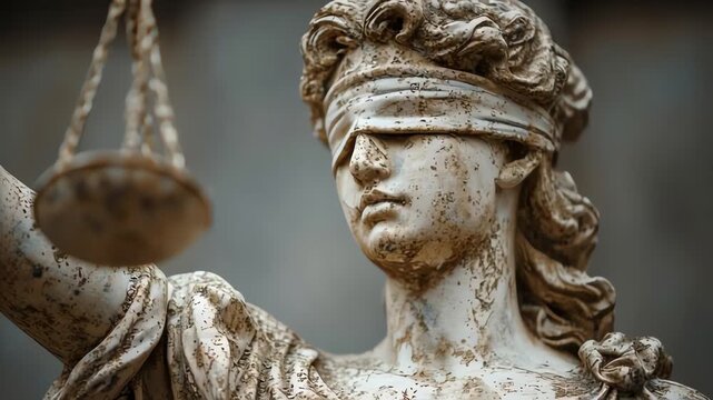 Close-up of the blindfolded statue of Lady Justice holding scales, symbolizing fairness and impartiality in the legal system.