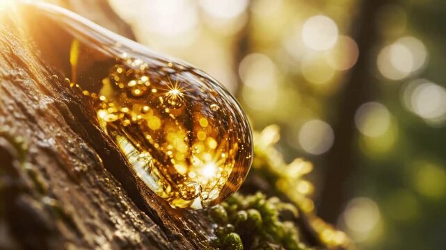 Glistening amber resin on tree trunk