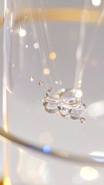 Gotas de Suero Cosm&eacute;tico Transparente Cayendo sobre Superficie Blanca Concepto de Belleza y Cuidado de la Piel
