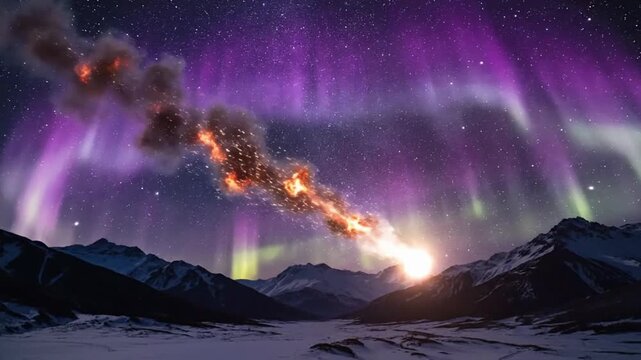 Vibrant auroras and a comet over snowy mountains