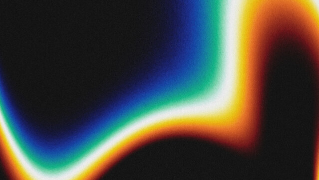 A dynamic abstract background featuring a fluid, curved rainbow gradient (blue, green, yellow, orange) over a grainy, noise-textured black backdrop. The vibrant color transitions and retro-futuristic 