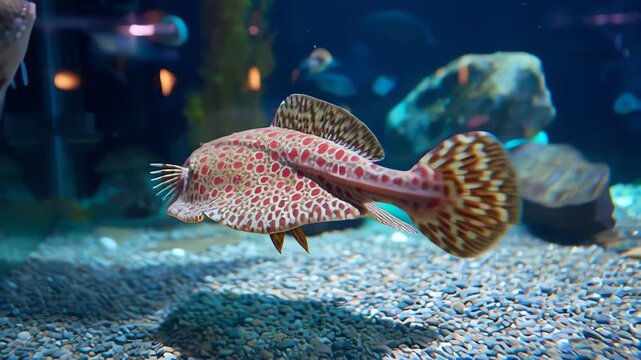 A vibrant spotted fish with red markings and a patterned tail swims gracefully in a clear aquarium environment.