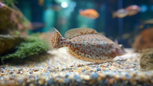 A small, flat, patterned fish rests on a gravel bottom in a clear aquarium with other fish and green plants in the background.