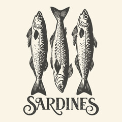 Vintage Hand-Drawn Sardines Emblem with Retro Typography on Light Background - Classic Seafood Design for Packaging, Menus, and Branding © Retro Archive id