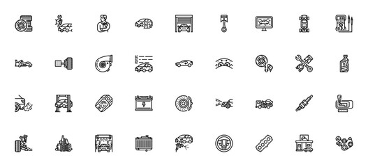 Car service icon set. Vector automotive repair icons. Includes mechanic, tires, battery, engine, oil, brake, diagnostic, garage, maintenance and more. Editable stroke. © wang