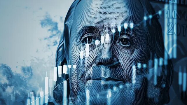 Benjamin Franklin's face from a hundred-dollar bill overlaid with financial market charts and graphs in a blue tone, representing finance and investment.