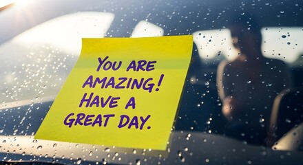Macro Photo of Positive Sticky Note on Car Windshield with Kindness Message