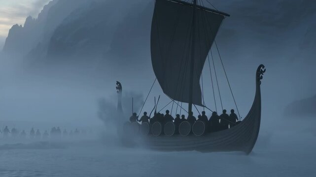 Viking longship sailing through foggy sea near dark mountains with warriors on board creating an epic cinematic nordic adventure mood