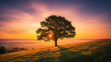 Fototapeta premium A lone tree silhouetted against a vibrant sunset sky on a grassy hillside