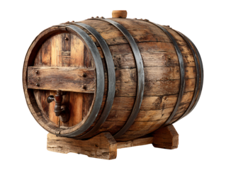 Vintage wooden wine barrel with tap on stand, rustic aged oak, isolated on transparent background