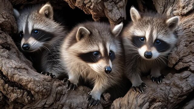 Three adorable baby raccoons peeking out from a hollow tree trunk, their masked faces full of curiosity.