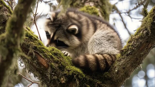 A raccoon with distinctive black markings around its eyes and a ringed tail rests on a moss-covered tree branch.