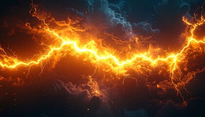 Vibrant orange lightning bolt illuminates a dark stormy sky with clouds and a hint of blue, captured in a dramatic close-up shot with warm, energetic tones.