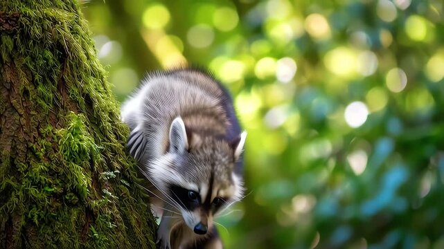 A lively raccoon with a bold black mask and banded tail perches on a branch, surrounded by rich, emerald-green leaves.