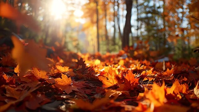 A close-up view of a forest floor covered in vibrant orange and red autumn leaves with sunlight filtering through the trees.