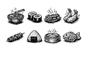 Collection of delicious Japanese food items sketched in a vintage style on a black background