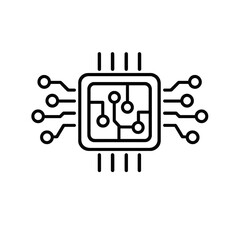 Minimal line icon of artificial intelligence microchip symbol, technology processor concept, isolated on white background
