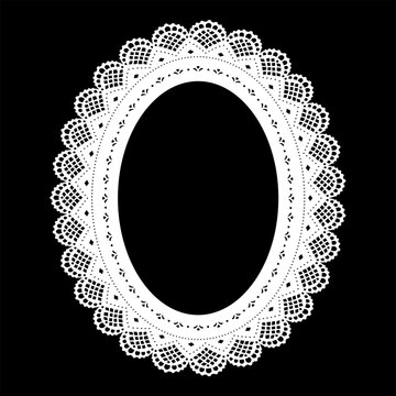 Vintage lace doily portrait frame, frilly white scalloped pattern border design on black background. Copy space for fashion and decor, oval pictures, albums, scrapbooks, holidays. 