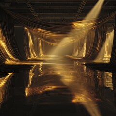 Golden light corridor stage with silk waves and particles, luxury horizontal background