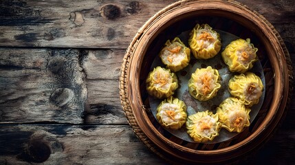 Delicious dimsum shumai in traditional bamboo steamer