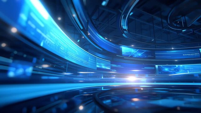 Futuristic blue virtual news studio with glowing screens and reflective surfaces.