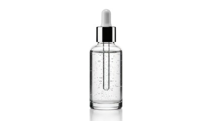 Fototapeta premium Clear glass serum bottle with dropper, containing liquid, isolated on white background