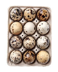 Obraz premium Quail eggs in paper tray, top view, organic food ingredients, isolated on transparent background