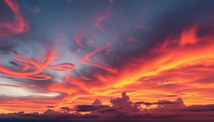 Obraz premium Vivid sunset sky paints a vast panorama with fiery hues and soft clouds, dusk, sky