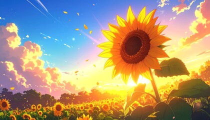 Vibrant sunflower field at sunset with a giant sunflower.