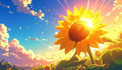 Vibrant Sunflower in a Field of Flowers at Sunset.